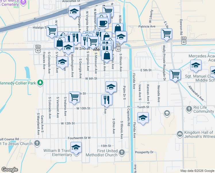 map of restaurants, bars, coffee shops, grocery stores, and more near 645 South Ohio Avenue in Mercedes