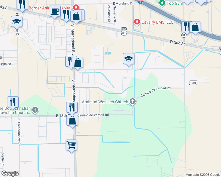 map of restaurants, bars, coffee shops, grocery stores, and more near 3918h Las Vistas Lane in Weslaco