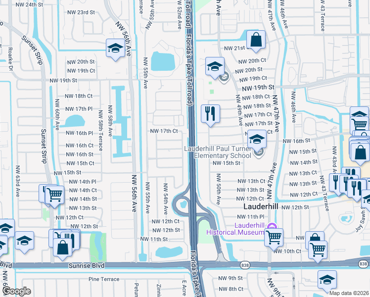 map of restaurants, bars, coffee shops, grocery stores, and more near 1640 Northwest 52nd Avenue in Lauderhill