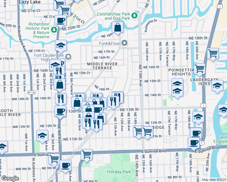 map of restaurants, bars, coffee shops, grocery stores, and more near 1430 Holly Heights Drive in Fort Lauderdale