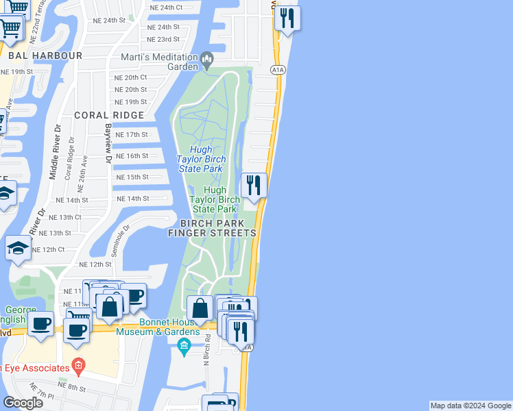 map of restaurants, bars, coffee shops, grocery stores, and more near 1151 North Fort Lauderdale Beach Boulevard in Fort Lauderdale