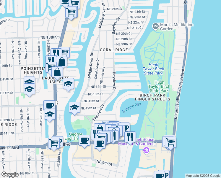map of restaurants, bars, coffee shops, grocery stores, and more near 1353 Bayview Drive in Fort Lauderdale