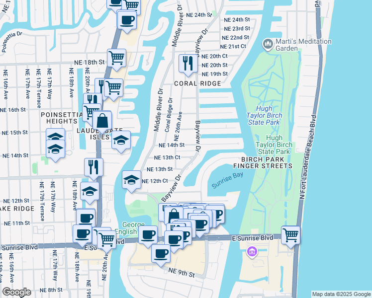 map of restaurants, bars, coffee shops, grocery stores, and more near 1353 Bayview Drive in Fort Lauderdale