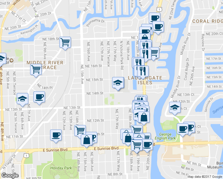 map of restaurants, bars, coffee shops, grocery stores, and more near 1415 Northeast 17th Terrace in Fort Lauderdale