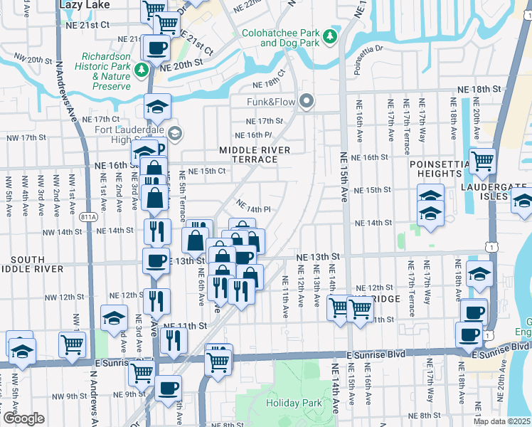 map of restaurants, bars, coffee shops, grocery stores, and more near 926 Northeast 14th Place in Fort Lauderdale