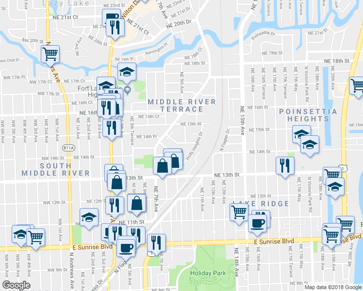 map of restaurants, bars, coffee shops, grocery stores, and more near 926 Northeast 14th Place in Fort Lauderdale