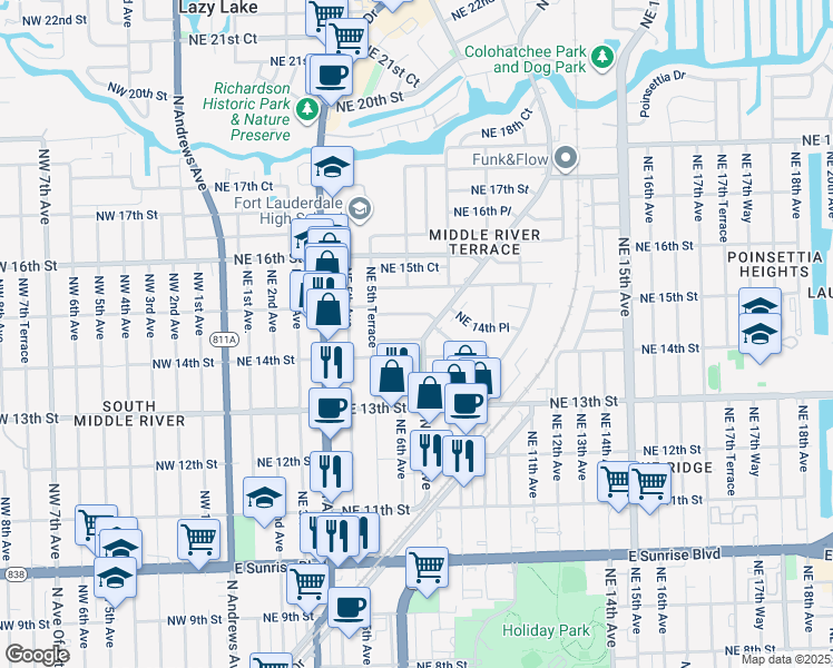 map of restaurants, bars, coffee shops, grocery stores, and more near 605 Northeast 14th Court in Fort Lauderdale
