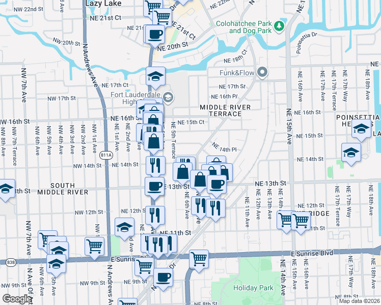 map of restaurants, bars, coffee shops, grocery stores, and more near 605 Northeast 14th Court in Fort Lauderdale