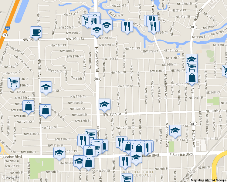 map of restaurants, bars, coffee shops, grocery stores, and more near 1439 Northwest 7th Terrace in Fort Lauderdale