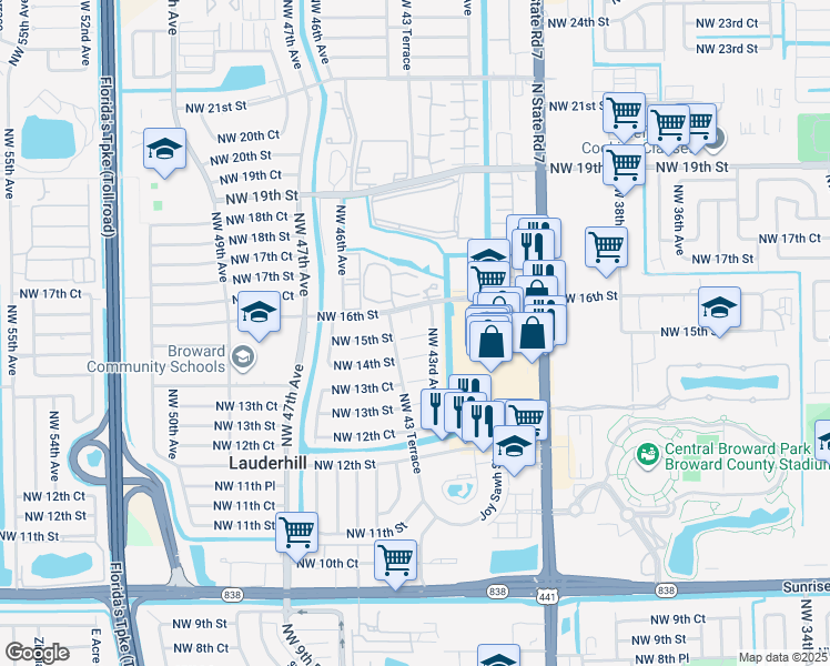 map of restaurants, bars, coffee shops, grocery stores, and more near 4330 Northwest 16th Street in Lauderhill