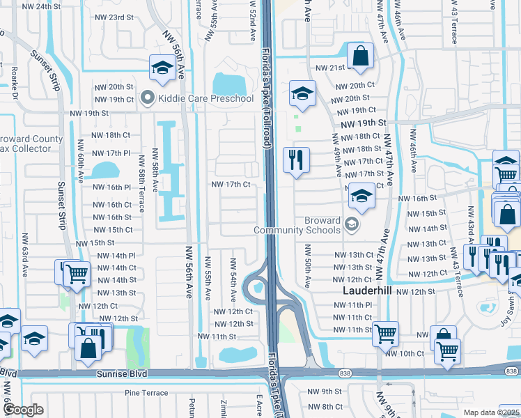map of restaurants, bars, coffee shops, grocery stores, and more near 1640 Northwest 52nd Avenue in Lauderhill