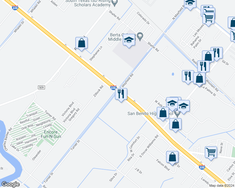 map of restaurants, bars, coffee shops, grocery stores, and more near Interstate 69E in San Benito