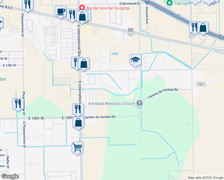 map of restaurants, bars, coffee shops, grocery stores, and more near 3820 Camino Real Viejo Road in Weslaco
