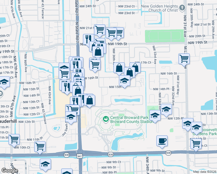 map of restaurants, bars, coffee shops, grocery stores, and more near 3778 Northwest 16th Street in Lauderhill