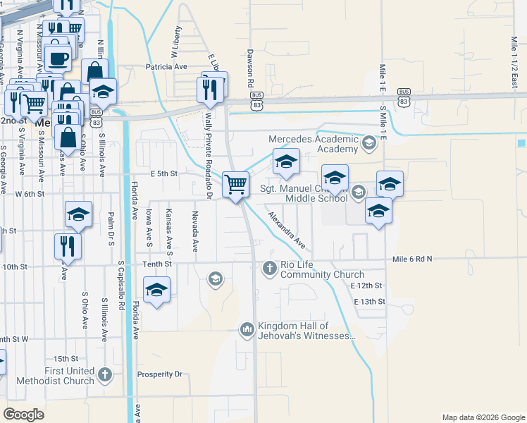 map of restaurants, bars, coffee shops, grocery stores, and more near 830 6th Street in Mercedes