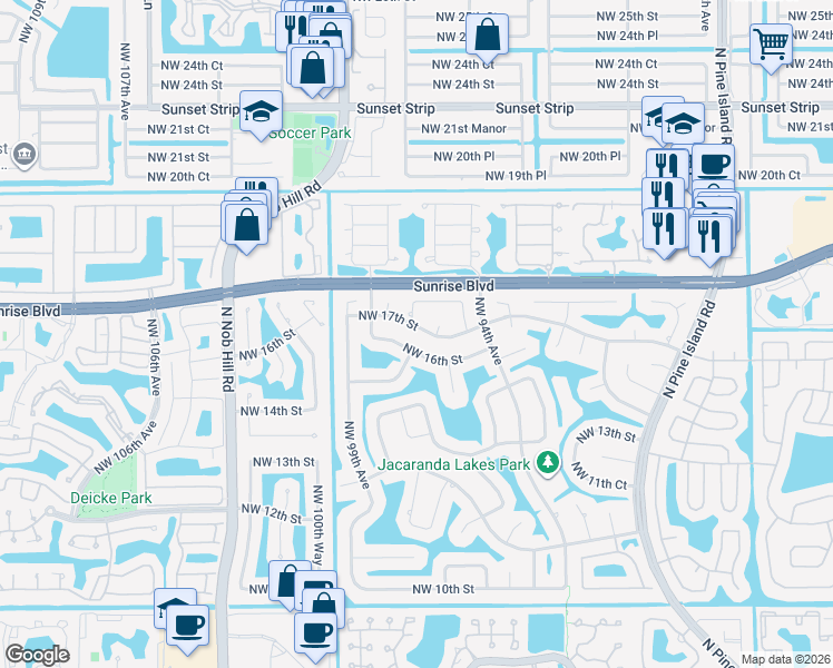 map of restaurants, bars, coffee shops, grocery stores, and more near 9690 Northwest 17th Street in Plantation