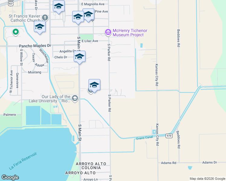 map of restaurants, bars, coffee shops, grocery stores, and more near 1601 South Parker Road in La Feria