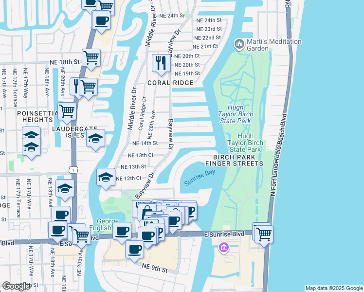map of restaurants, bars, coffee shops, grocery stores, and more near 2710 Northeast 14th Street in Fort Lauderdale
