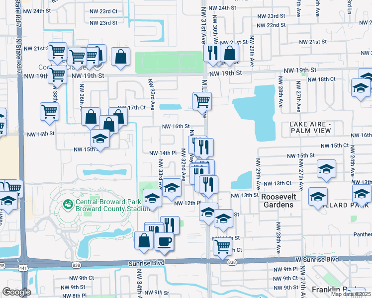 map of restaurants, bars, coffee shops, grocery stores, and more near 1516 Northwest 32nd Avenue in Fort Lauderdale