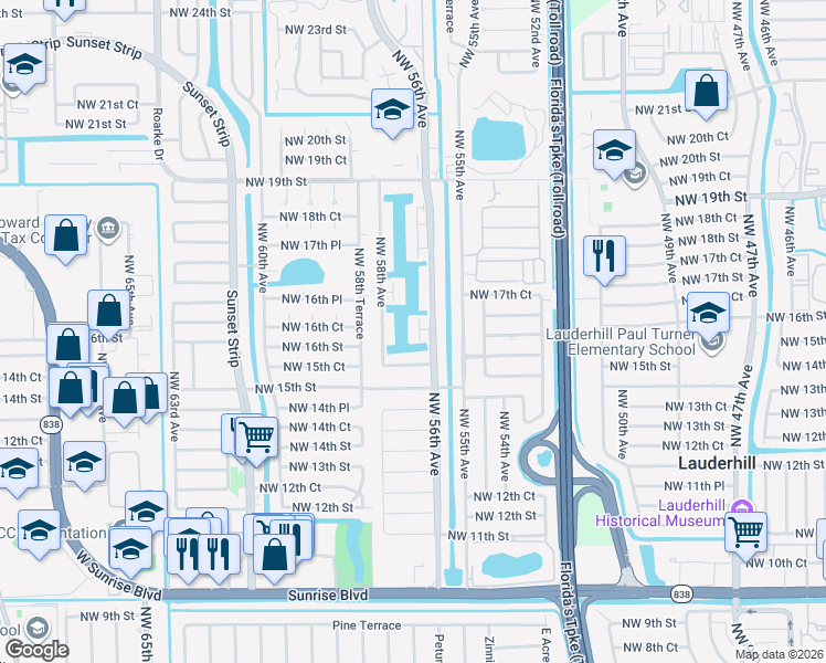 map of restaurants, bars, coffee shops, grocery stores, and more near in Lauderhill