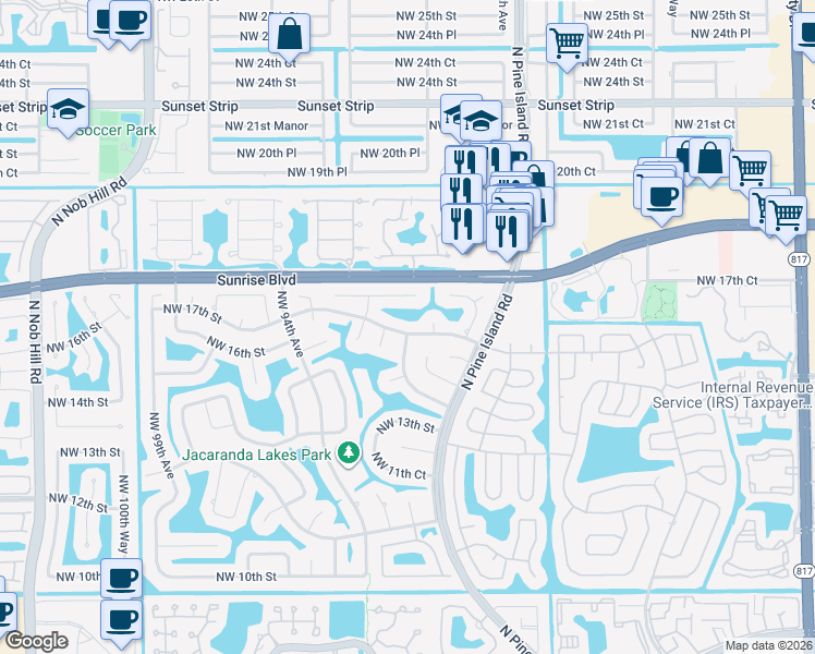 map of restaurants, bars, coffee shops, grocery stores, and more near 9181 Northwest 17th Street in Plantation
