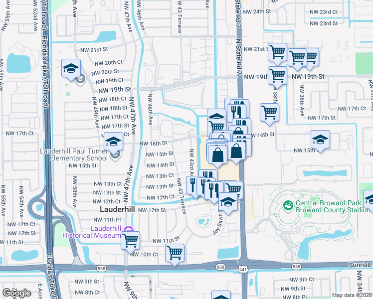 map of restaurants, bars, coffee shops, grocery stores, and more near 4330 Northwest 16th Street in Lauderhill