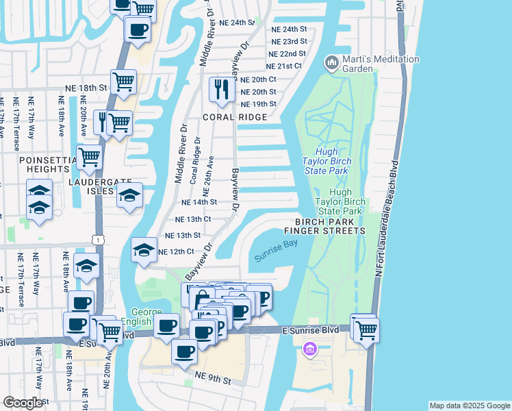 map of restaurants, bars, coffee shops, grocery stores, and more near 2724 Northeast 14th Street in Fort Lauderdale