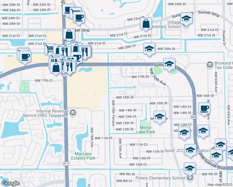 map of restaurants, bars, coffee shops, grocery stores, and more near 7501 Northwest 16th Street in Plantation