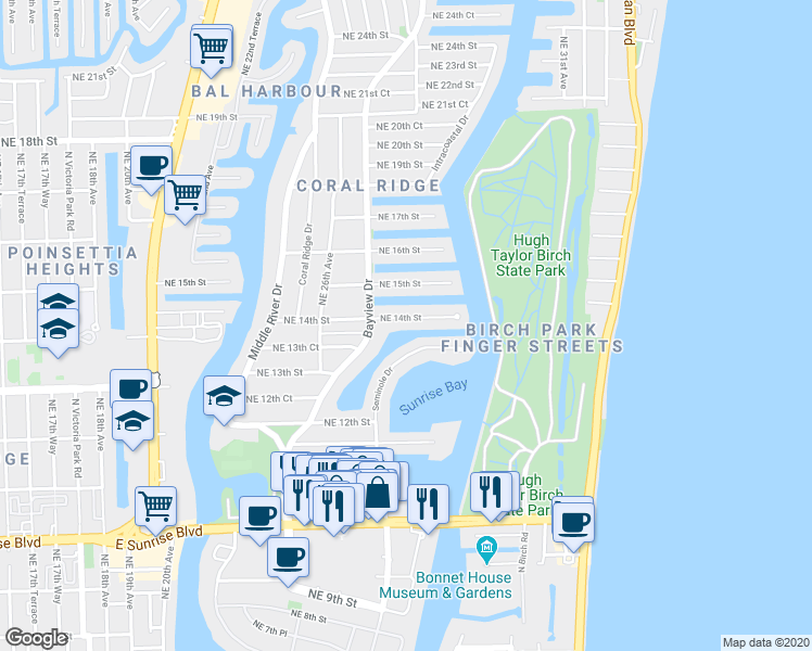 map of restaurants, bars, coffee shops, grocery stores, and more near 2710 Northeast 14th Street in Fort Lauderdale
