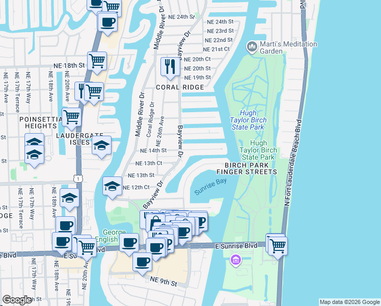map of restaurants, bars, coffee shops, grocery stores, and more near 2710 Northeast 14th Street in Fort Lauderdale