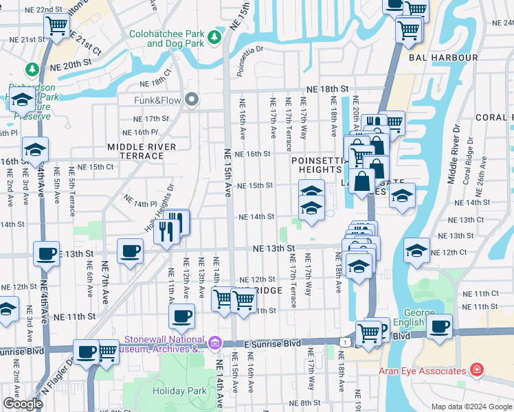 map of restaurants, bars, coffee shops, grocery stores, and more near 1416 Northeast 16th Terrace in Fort Lauderdale