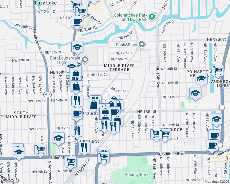 map of restaurants, bars, coffee shops, grocery stores, and more near 926 Northeast 14th Place in Fort Lauderdale