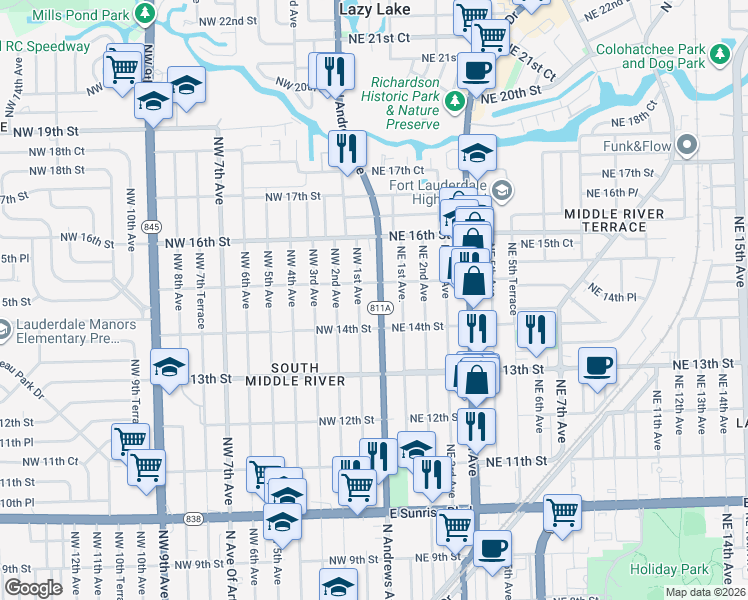 map of restaurants, bars, coffee shops, grocery stores, and more near 1428 Northwest 1st Avenue in Fort Lauderdale