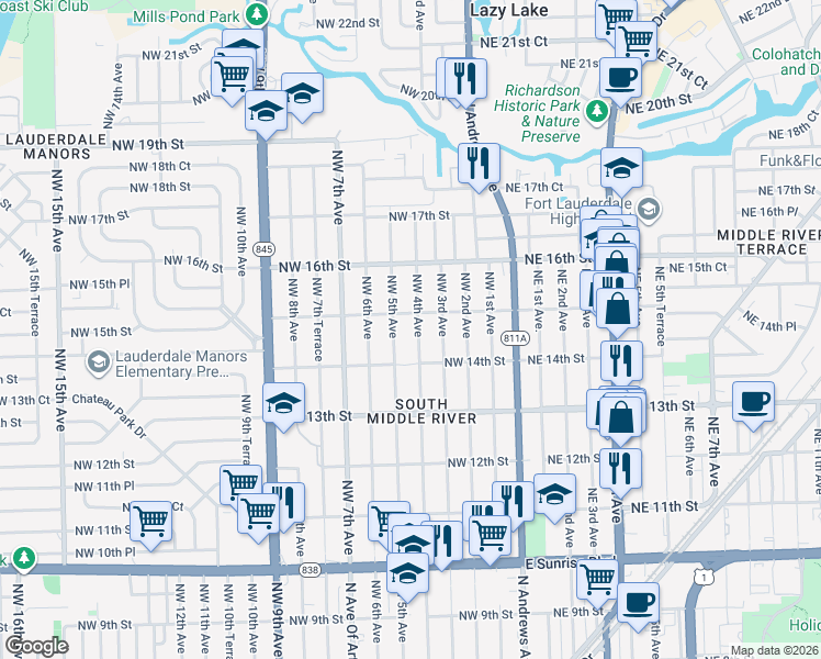 map of restaurants, bars, coffee shops, grocery stores, and more near 1428 Northwest 4th Avenue in Fort Lauderdale
