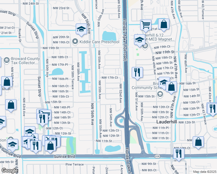 map of restaurants, bars, coffee shops, grocery stores, and more near 5321 Northwest 16th Court in Lauderhill