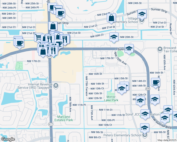 map of restaurants, bars, coffee shops, grocery stores, and more near 7501 Northwest 16th Street in Plantation