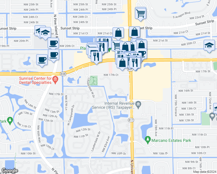 map of restaurants, bars, coffee shops, grocery stores, and more near 1641 Northwest 81st Way in Plantation