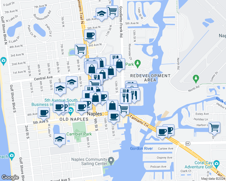 map of restaurants, bars, coffee shops, grocery stores, and more near 1135 3rd Avenue South in Naples