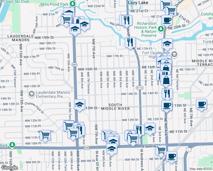 map of restaurants, bars, coffee shops, grocery stores, and more near 1433 Northwest 5th Avenue in Fort Lauderdale
