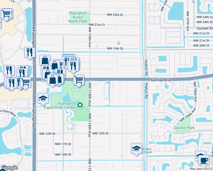 map of restaurants, bars, coffee shops, grocery stores, and more near 1640 Northwest 117th Avenue in Plantation