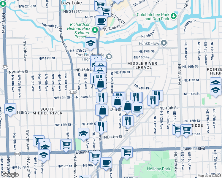map of restaurants, bars, coffee shops, grocery stores, and more near 1425 Northeast 5th Terrace in Fort Lauderdale
