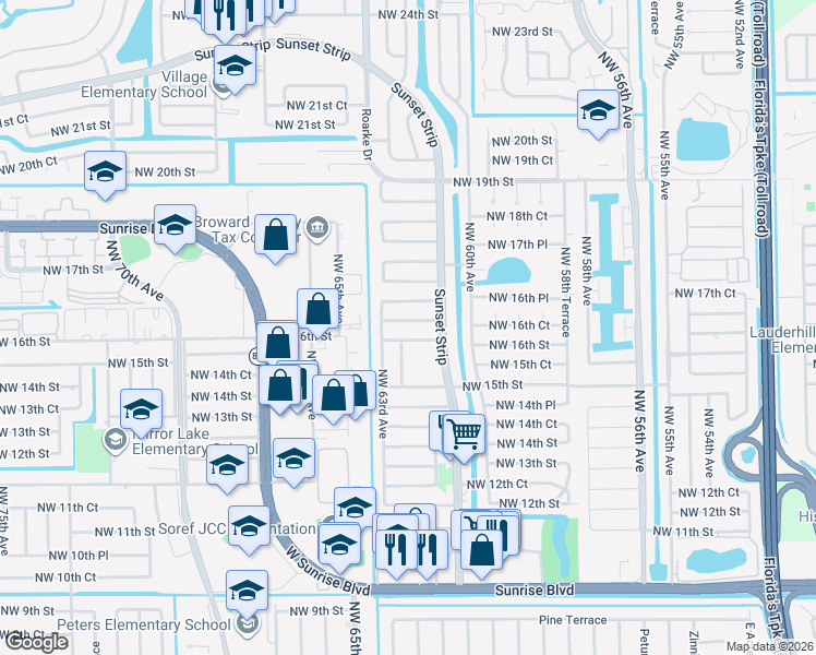 map of restaurants, bars, coffee shops, grocery stores, and more near 6230 Northwest 16th Court in Sunrise