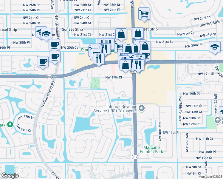 map of restaurants, bars, coffee shops, grocery stores, and more near 1704 Northwest 81st Way in Plantation