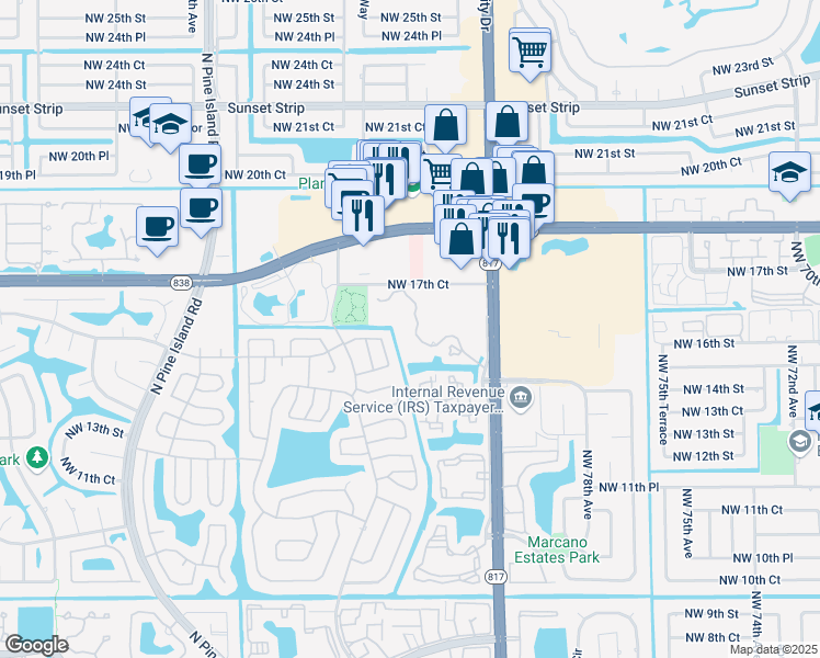 map of restaurants, bars, coffee shops, grocery stores, and more near 1707 Northwest 81st Way in Plantation