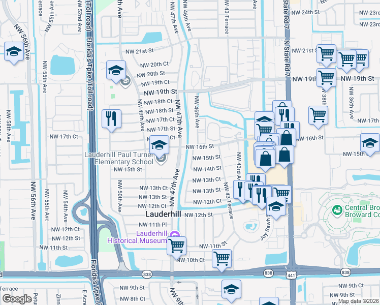 map of restaurants, bars, coffee shops, grocery stores, and more near 1521 Northwest 46th Avenue in Lauderhill