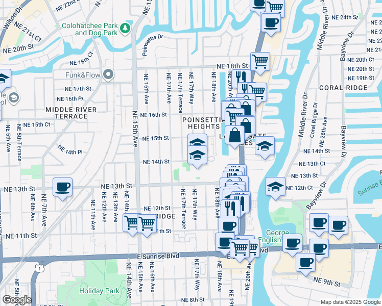 map of restaurants, bars, coffee shops, grocery stores, and more near 1755 Northeast 14th Street in Fort Lauderdale