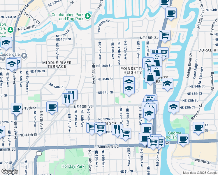 map of restaurants, bars, coffee shops, grocery stores, and more near 1416 Northeast 16th Terrace in Fort Lauderdale