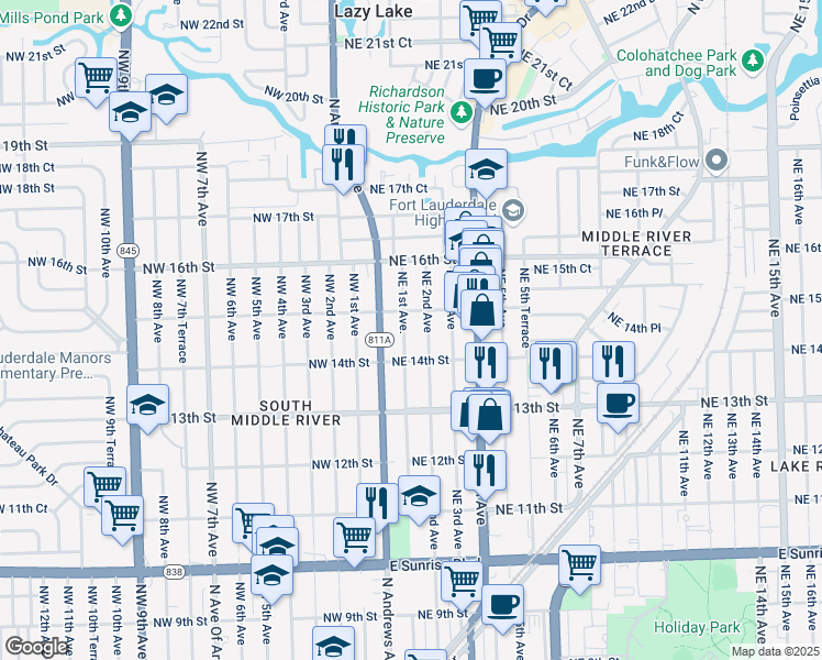 map of restaurants, bars, coffee shops, grocery stores, and more near 1428 Northeast 1st Avenue in Fort Lauderdale