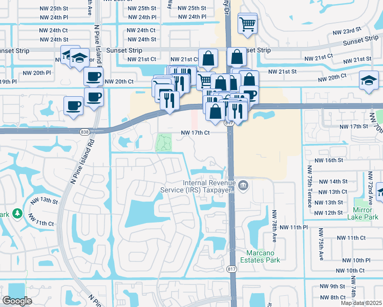 map of restaurants, bars, coffee shops, grocery stores, and more near 1700 Northwest 81st Way in Plantation