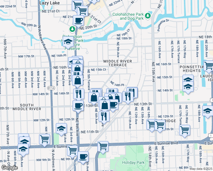 map of restaurants, bars, coffee shops, grocery stores, and more near 1400 North Dixie Highway in Fort Lauderdale